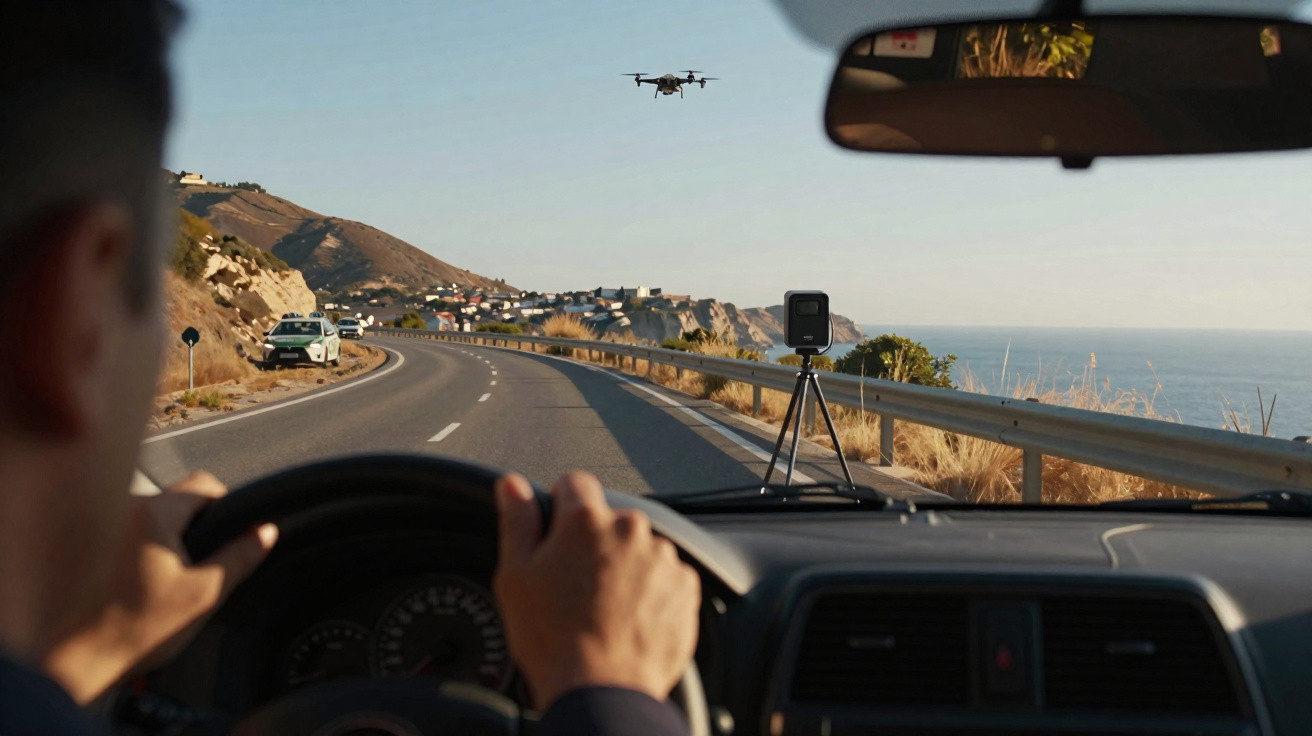 Motorista dirige carro em estrada costeira com drone e câmera montada em tripé no painel.