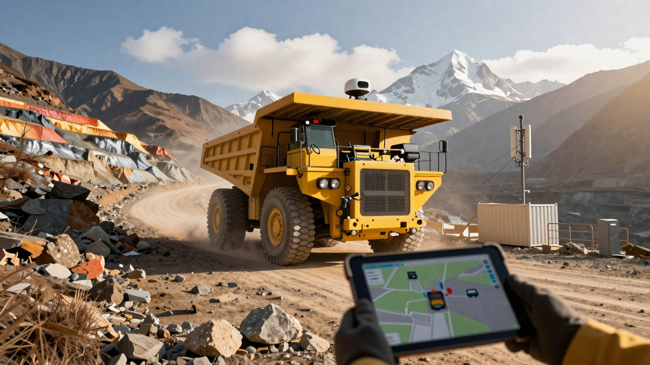 Caminhão de mineração autônomo em estrada de terra montanhosa, tablet com controle remoto em primeiro plano.