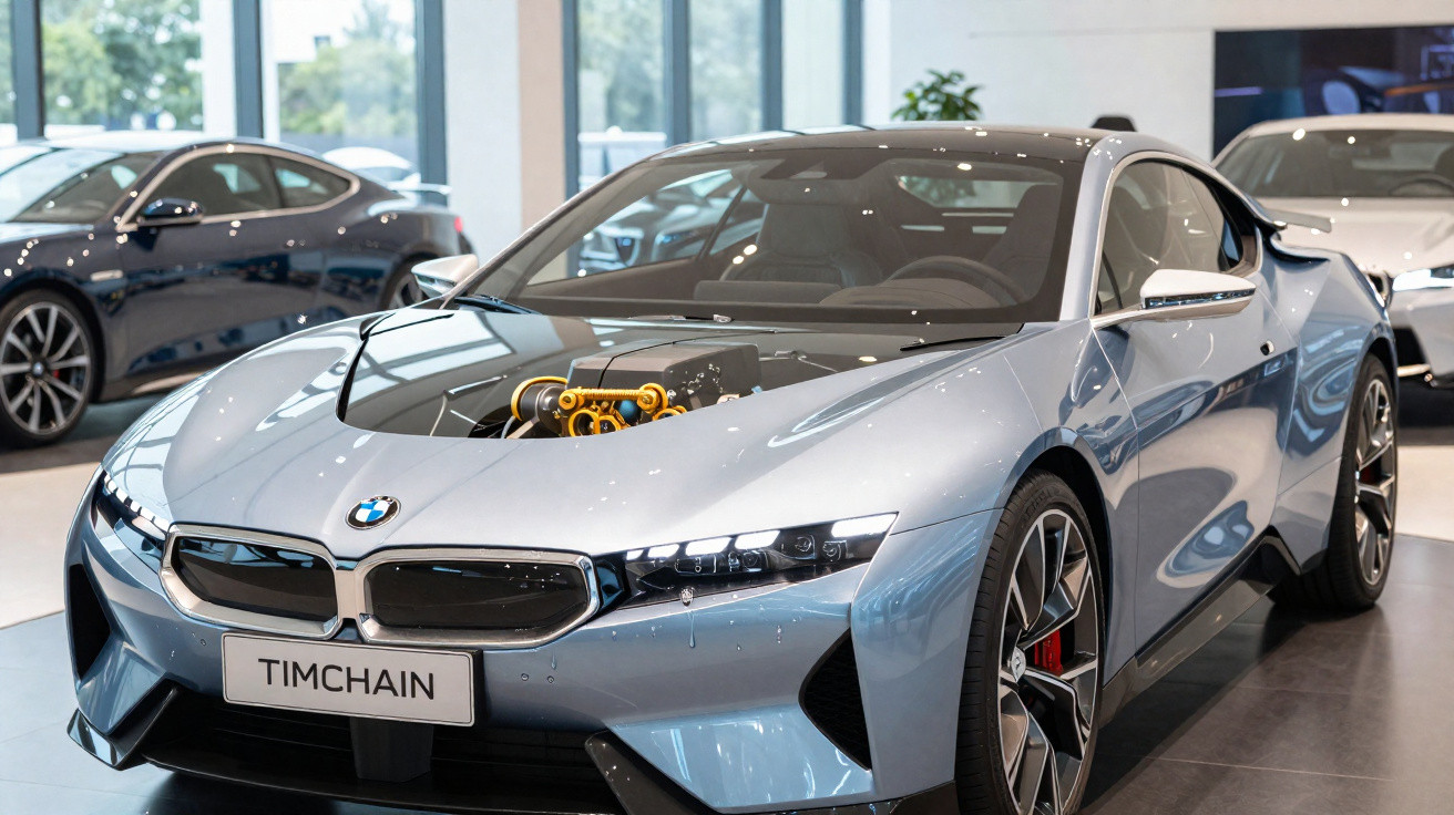 Carro esportivo BMW prata em showroom com motor exposto no capô e placa escrita TIMCHAIN.