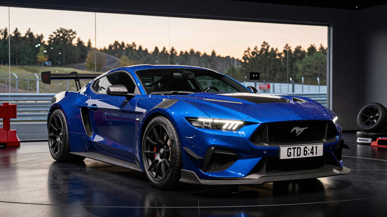Carro esportivo azul Ford Mustang GT com aerofólio, pneus de performance, em ambiente interno iluminado.