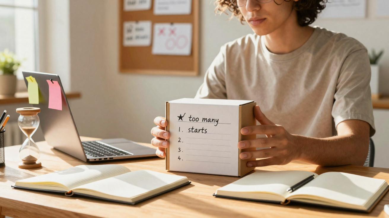 Pessoa sentada em mesa de estudo segurando caixa com anotação "too many starts" e livros abertos.