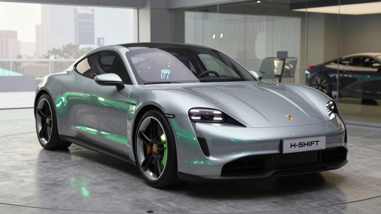 Carro esportivo prata Porsche Taycan com placa H-SHIFT em showroom moderno com vidro reflexivo.