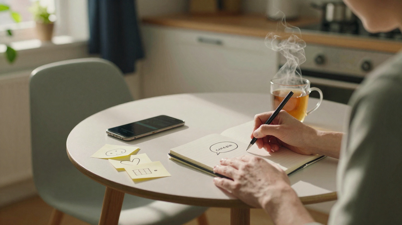 Pessoa desenhando em caderno em mesa com celular, post-its e xícara de chá quente em ambiente claro e aconchegante.