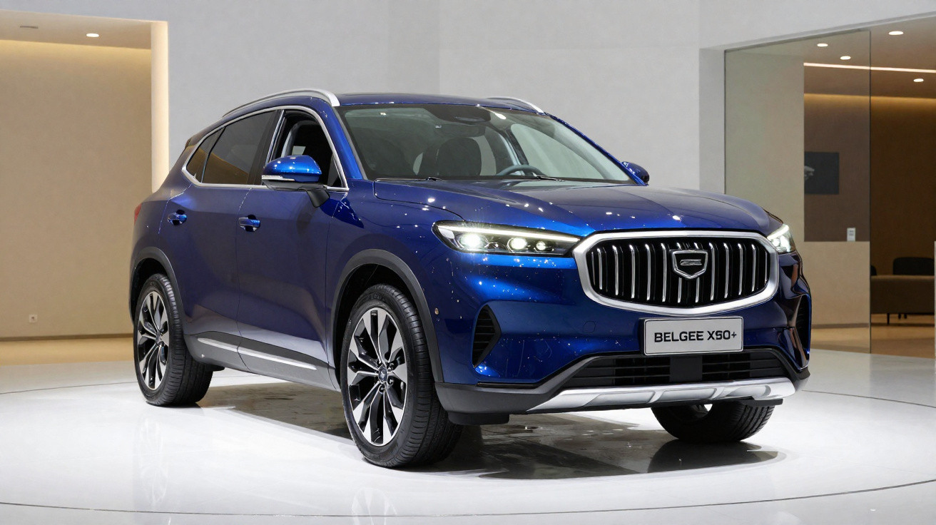 Carro SUV azul metálico Belgee X50+ estacionado em ambiente interno moderno e iluminado.