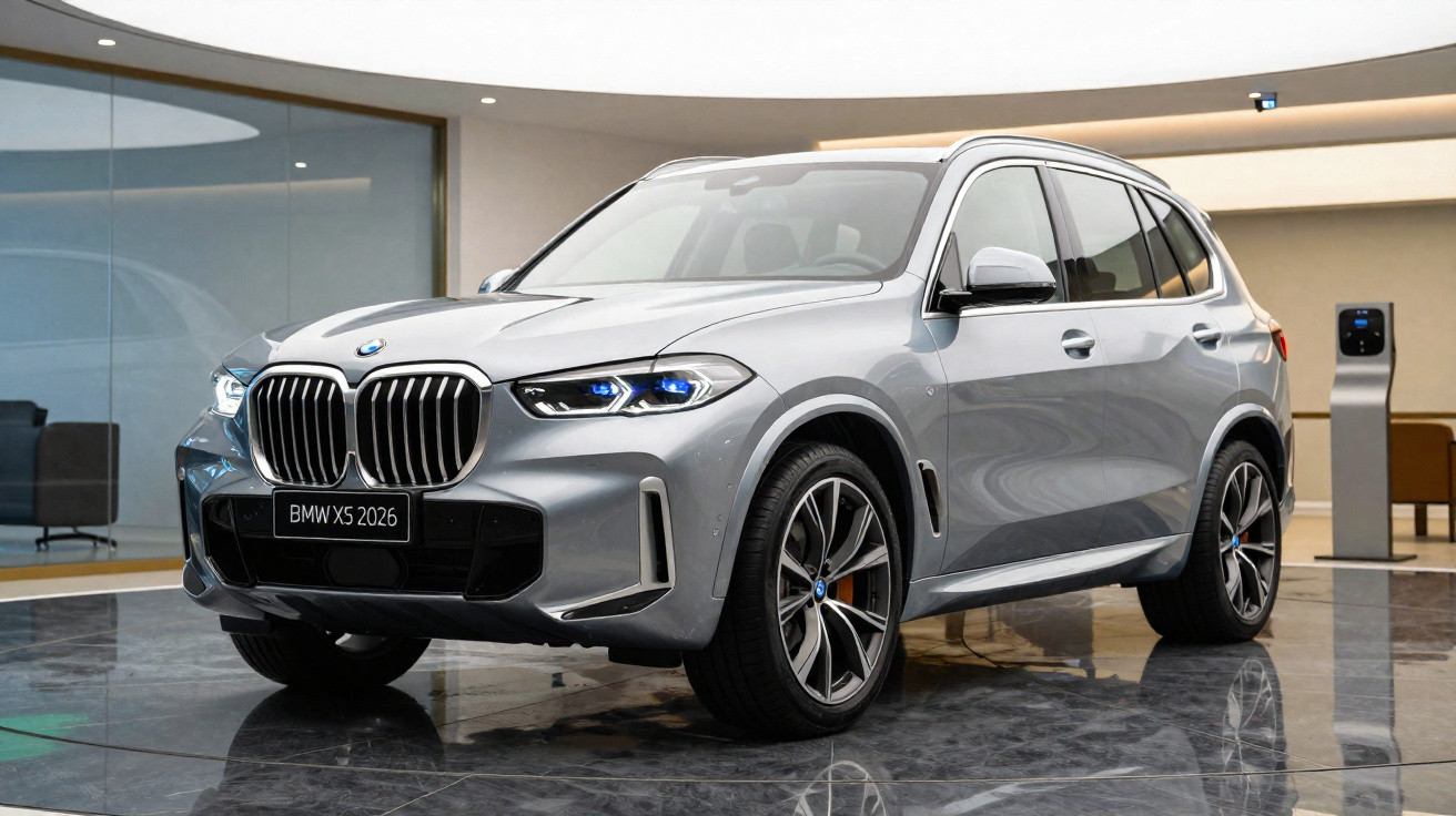 BMW X5 2026 cinza estacionado em ambiente interno moderno com piso refletivo.