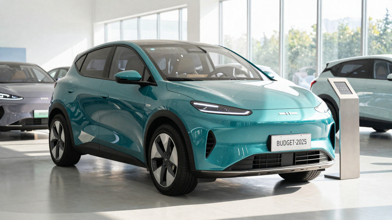 Carro elétrico verde água em exposição numa sala com janelas amplas e luz natural.