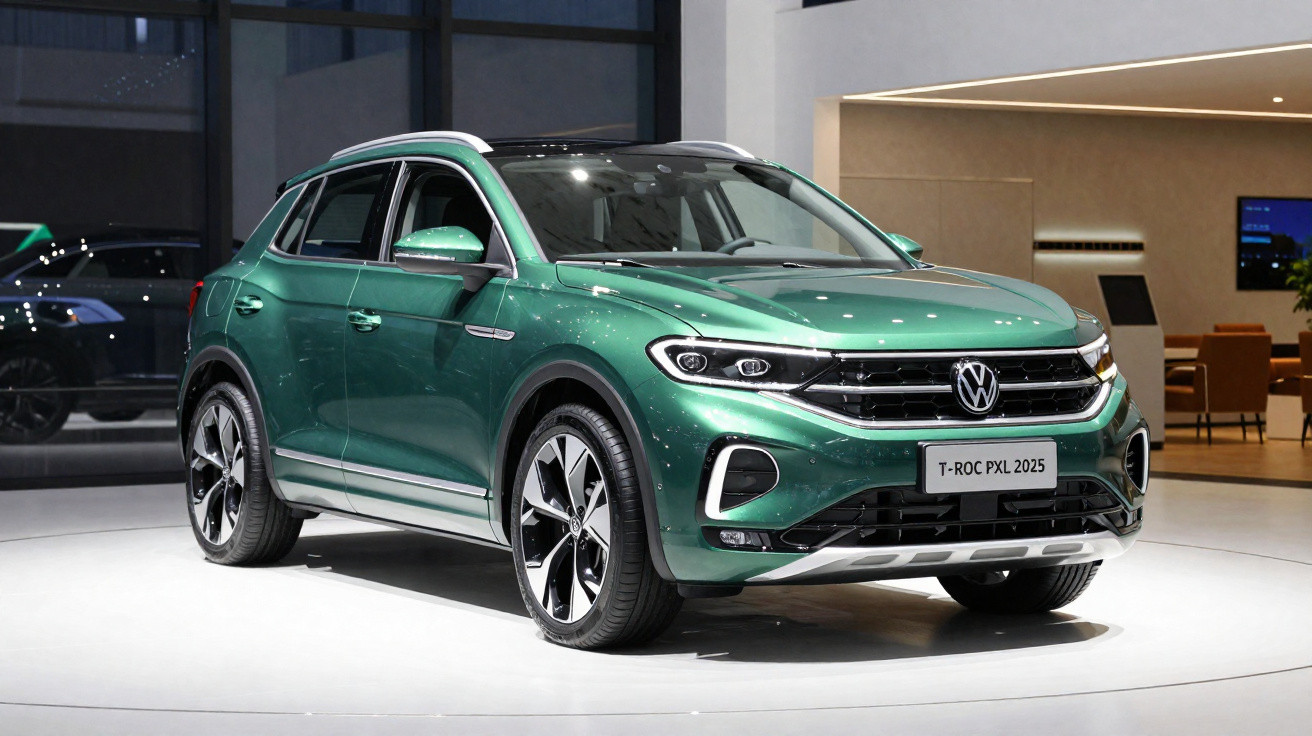 Carro SUV Volkswagen T-ROC PXL 2025 verde exposto em estande moderno com iluminação interna branca.