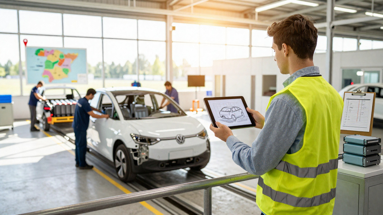 Homem de colete amarelo usando tablet para inspecionar carro branco na linha de montagem automotiva.