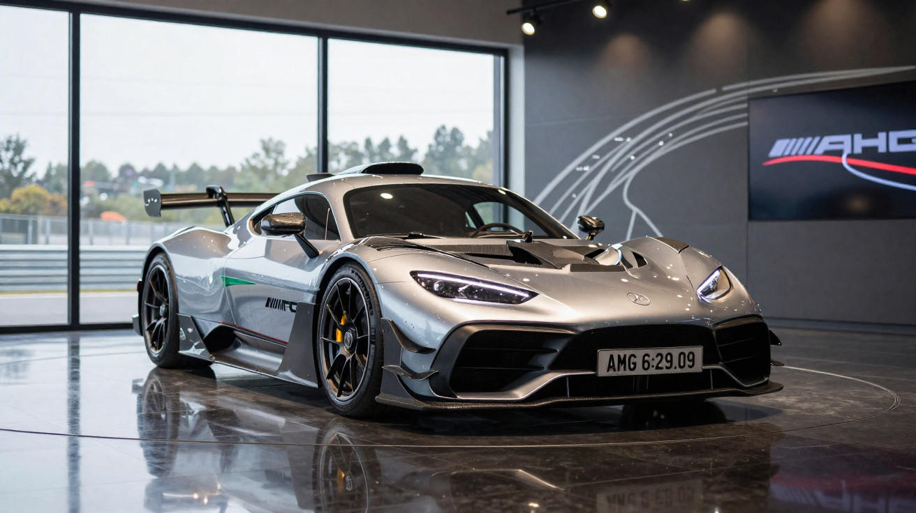 Carro esportivo prata Mercedes-AMG com aerofólio em salão de exposições moderno.