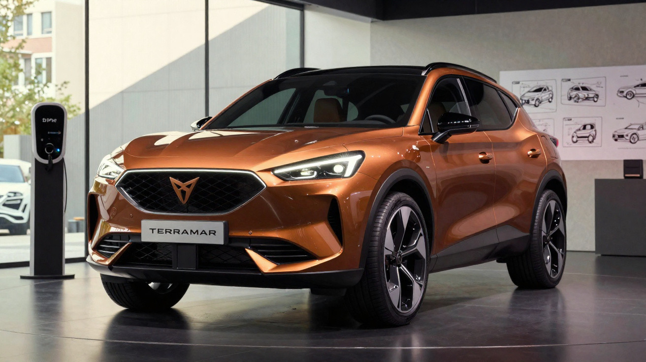 Carro SUV Cupra Terramar bronze exibido em showroom moderno com carregador elétrico ao fundo.