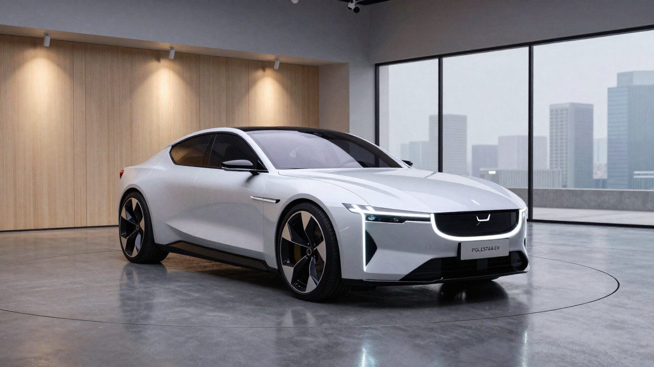 Carro elétrico branco Polestar 6 em ambiente moderno com piso de concreto e parede de madeira clara.