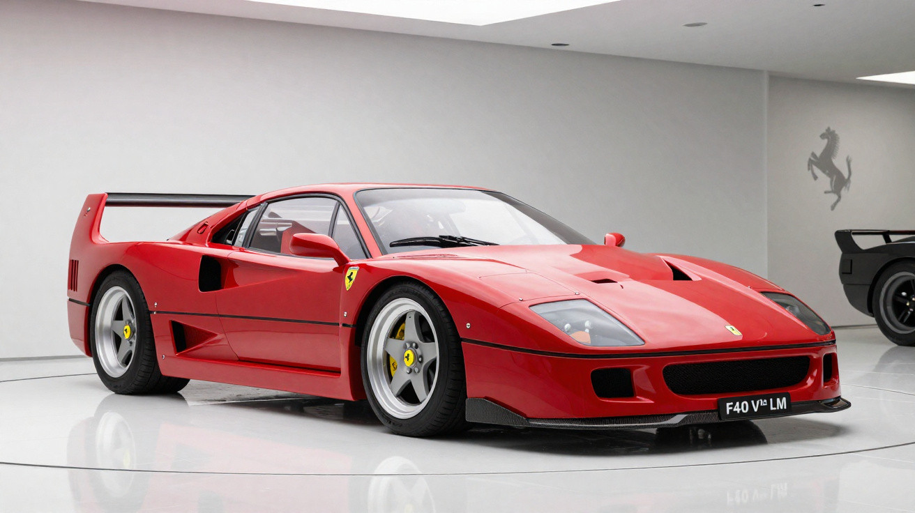 Carro esportivo vermelho Ferrari F40 LM em exposição, em ambiente interno branco e moderno.