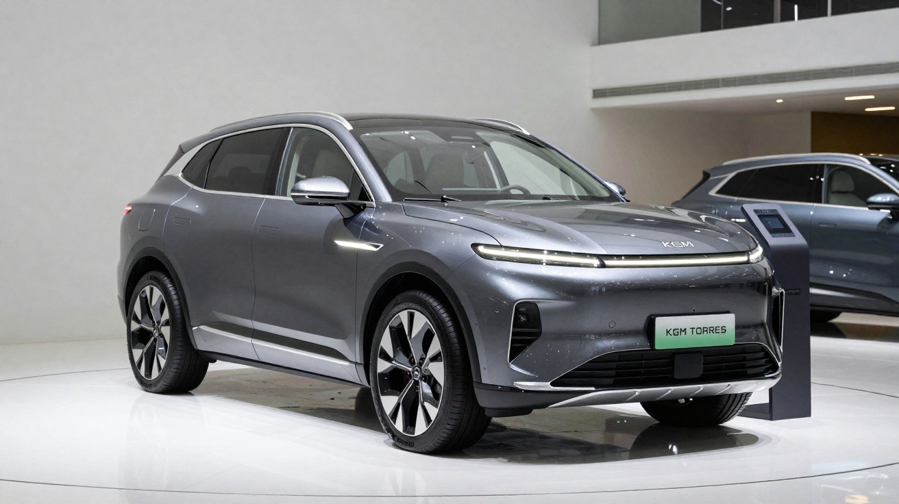 Carro SUV elétrico cinza KGM Torres em exposição com design moderno e rodas grandes.
