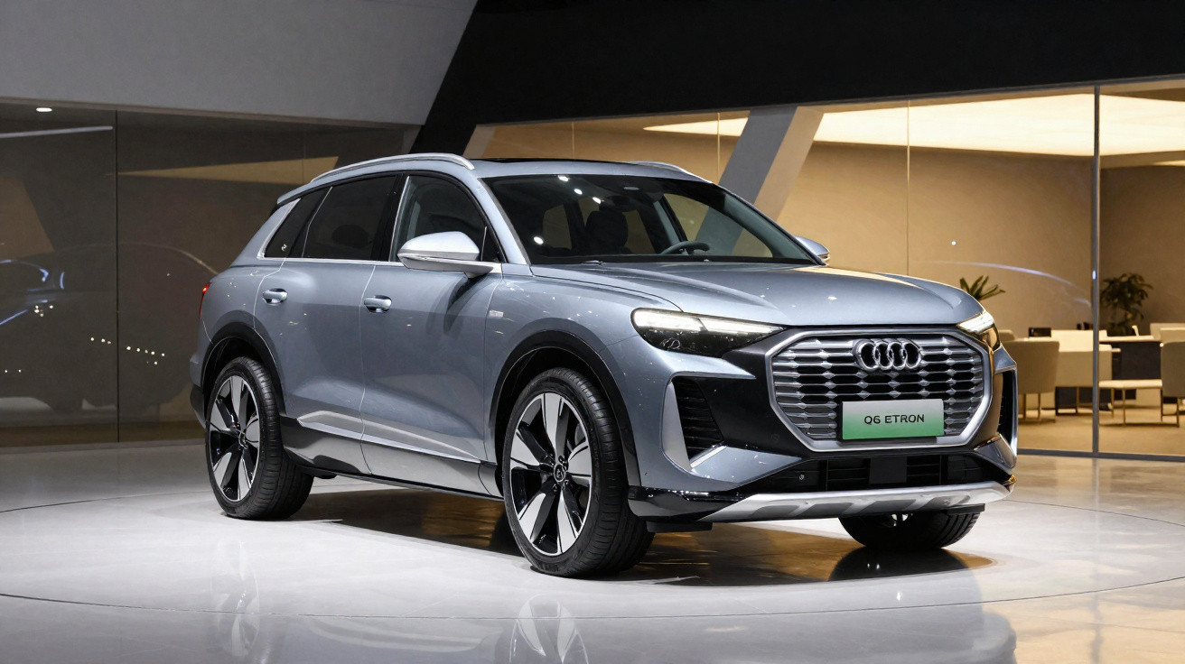 Audi Q6 e-tron cinza estacionado em ambiente interno moderno com piso branco e parede de vidro.