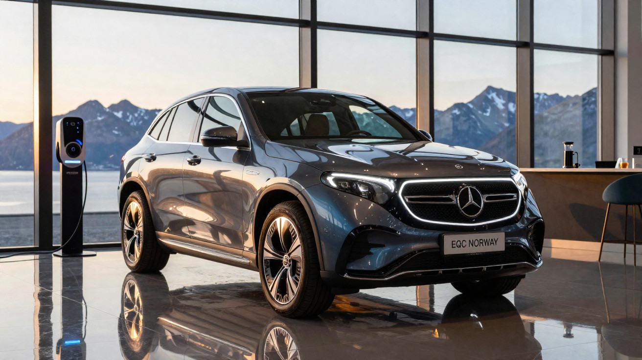 Carro elétrico Mercedes EQC cinza conectado a estação de carregamento em ambiente interno com janelas e montanhas ao fundo.