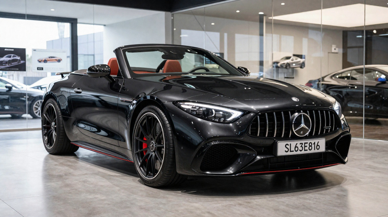 Carro esportivo conversível Mercedes-Benz preto exibido em showroom brilhante e moderno.