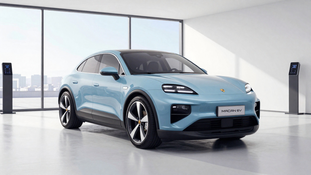 Carro elétrico Porsche Macan EV azul em ambiente interno com piso branco e paredes claras.