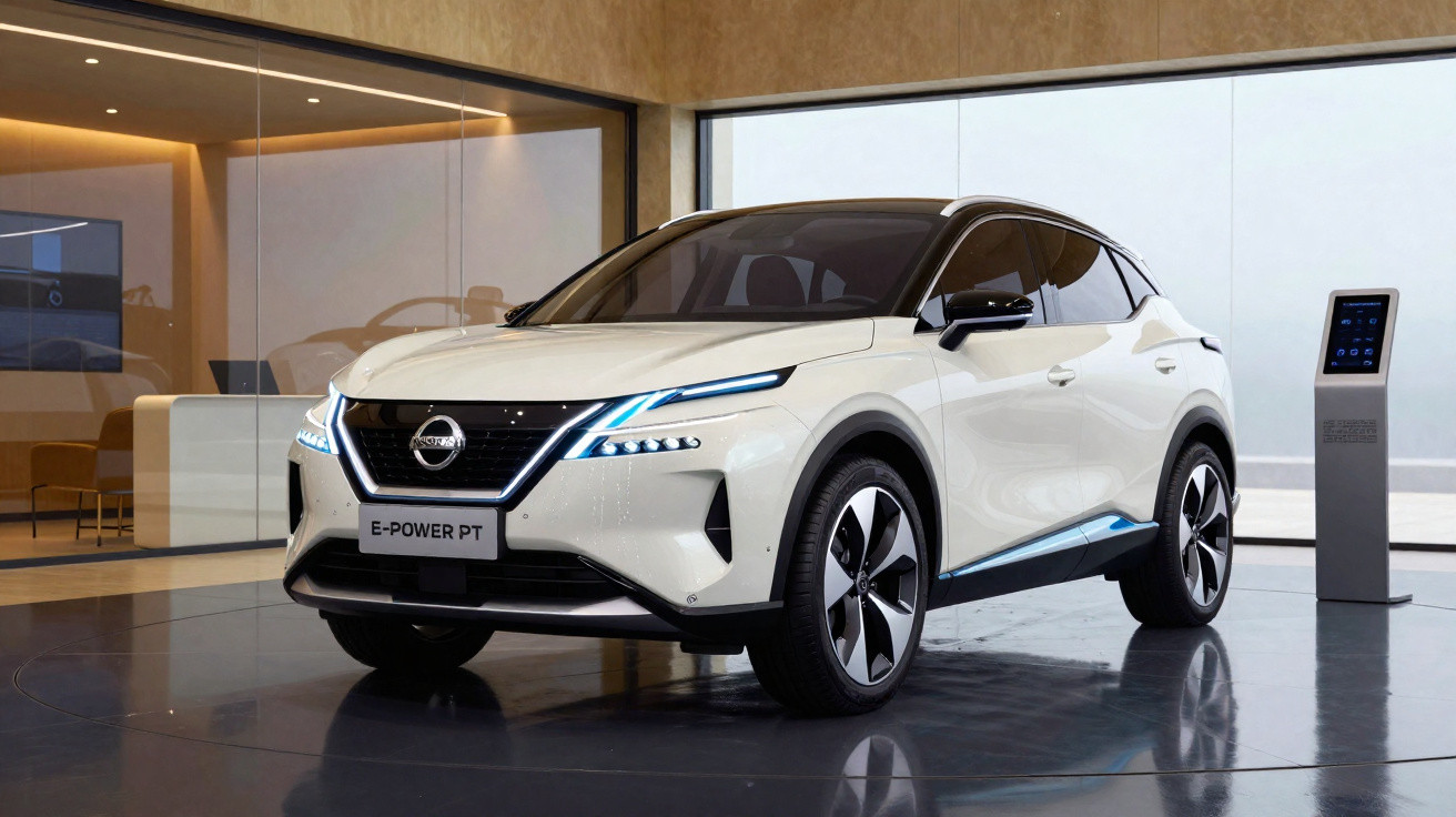 Carro elétrico Nissan branco estacionado em showroom moderno com iluminação interna e estação de carregamento.
