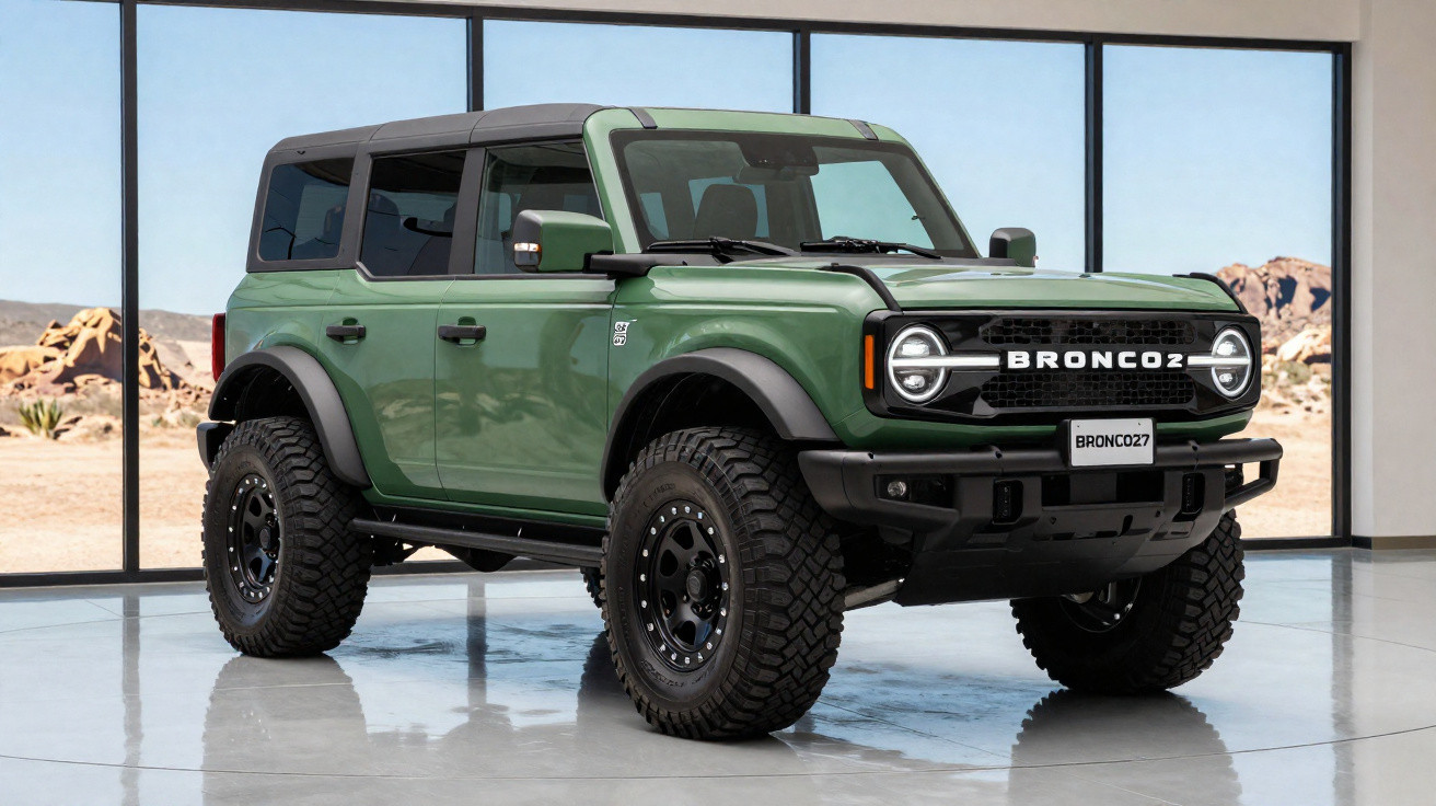 SUV verde Ford Bronco 2023 estacionado em ambiente interno com vidros grandes.
