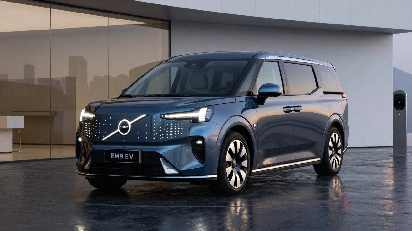 Carro elétrico Volvo azul escuro modelo EM9 EV estacionado em frente a edifício moderno.