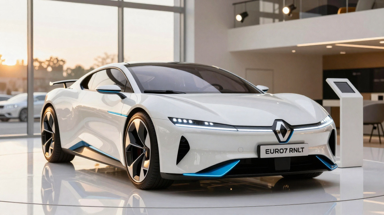 Carro esportivo branco elétrico da Renault em exposição dentro de showroom moderno com iluminação natural.