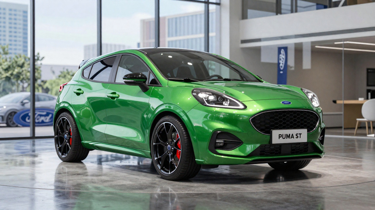 Carro esportivo Ford Puma ST verde em exposição dentro de showroom moderno.