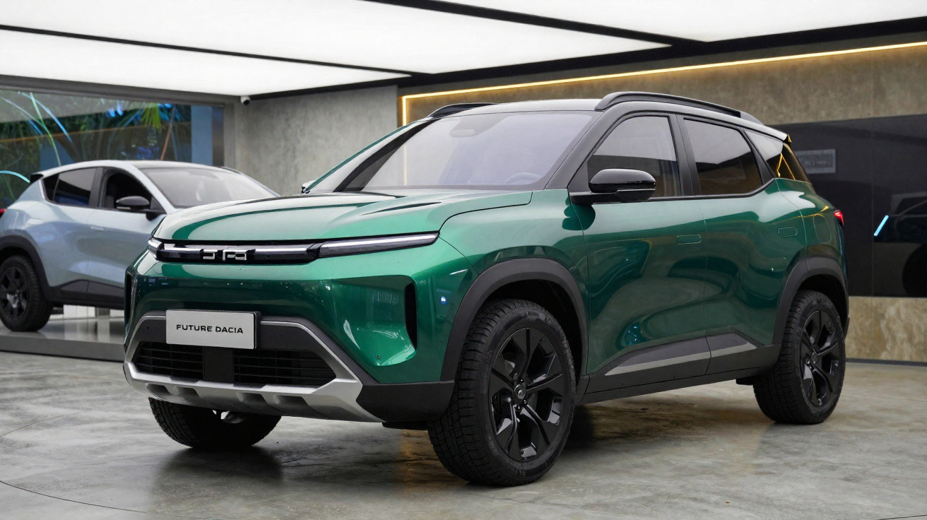 SUV futurista verde metálico com detalhes pretos, teto preto e rodas grandes, exibido em salão moderno.