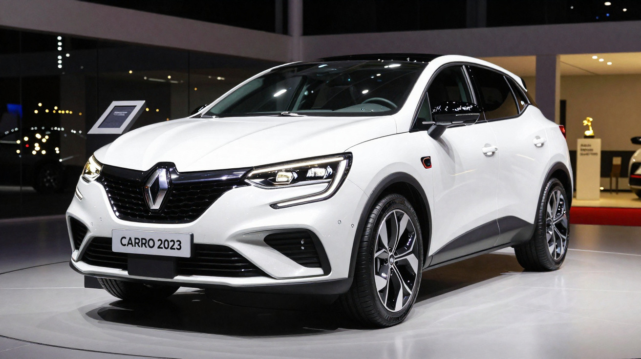 Carro branco Renault 2023 exposto em ambiente interno com iluminação focada.