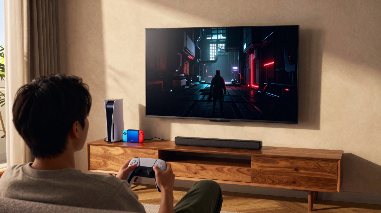 Jovem jogando videogame em sala com TV, console e controles modernos em móvel de madeira.