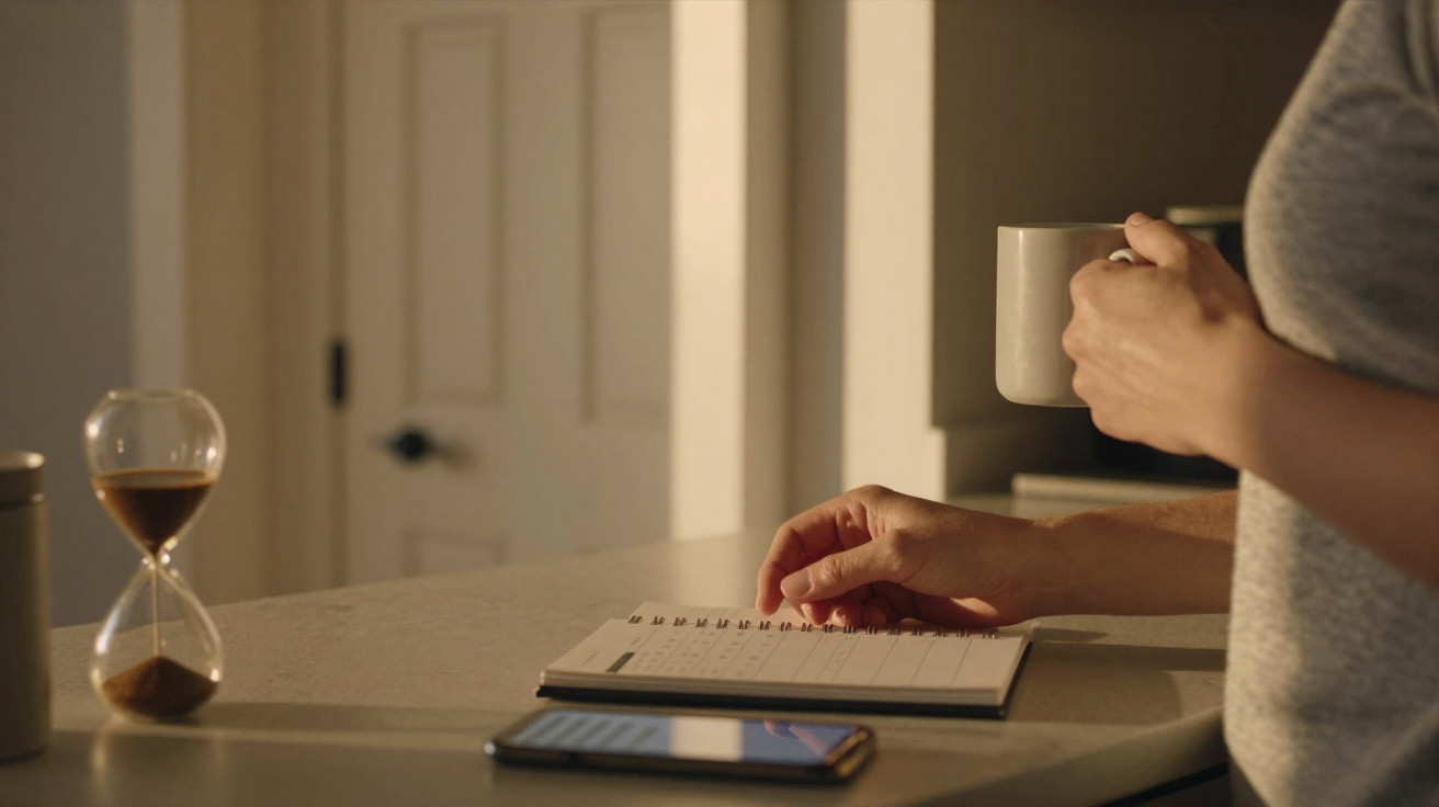 Pessoa segurando caneca e mexendo em agenda sobre mesa com celular e ampulheta ao lado.