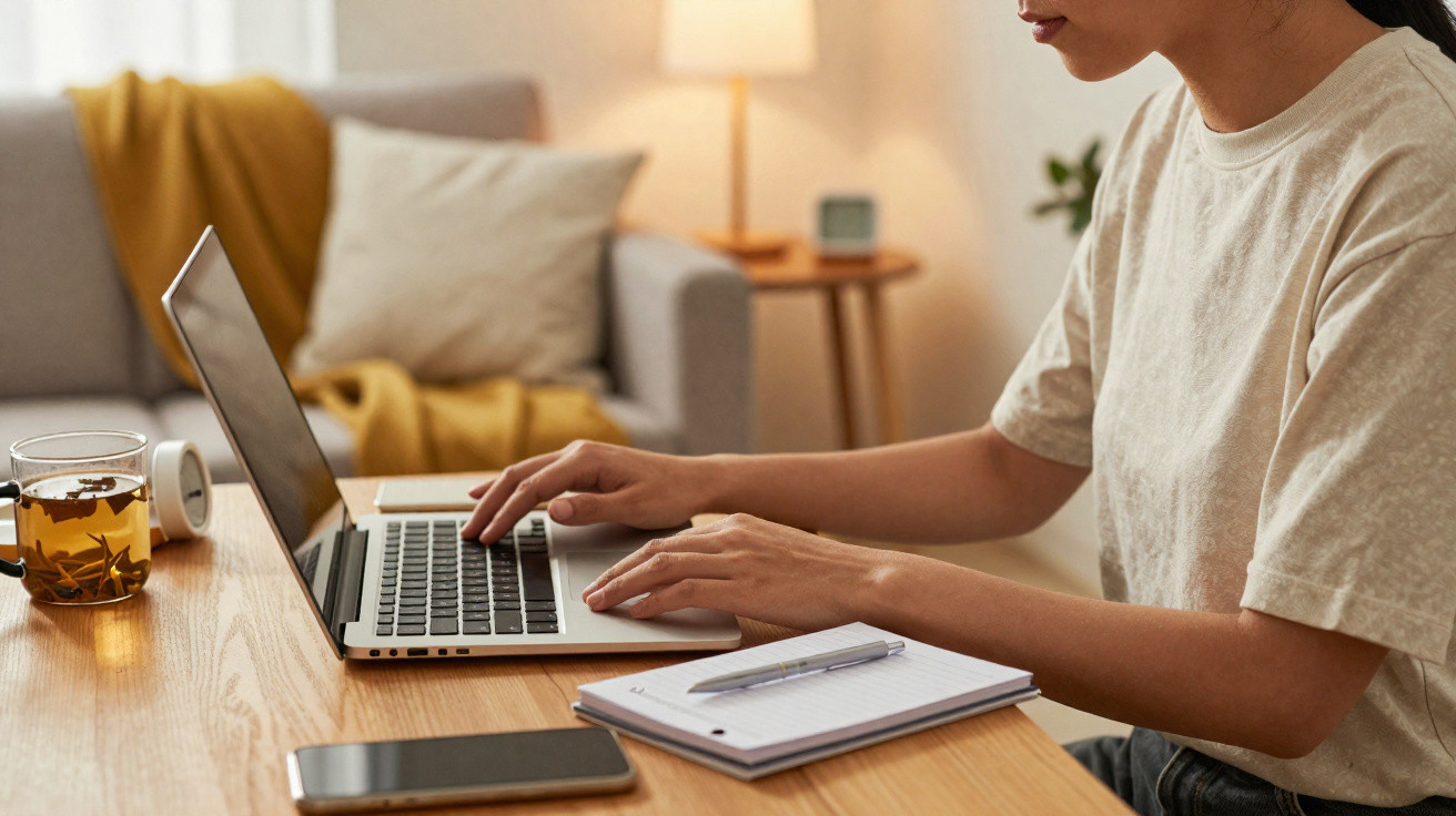 Pessoa digitando em laptop com caderno e xícara de chá sobre mesa em sala confortável.