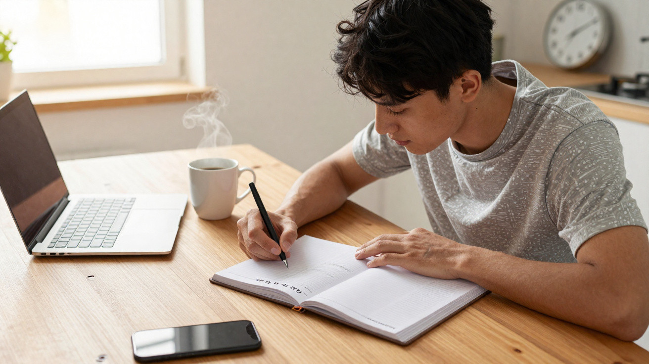 Homem jovem escrevendo em caderno, com laptop, celular e caneca de café na mesa de madeira.