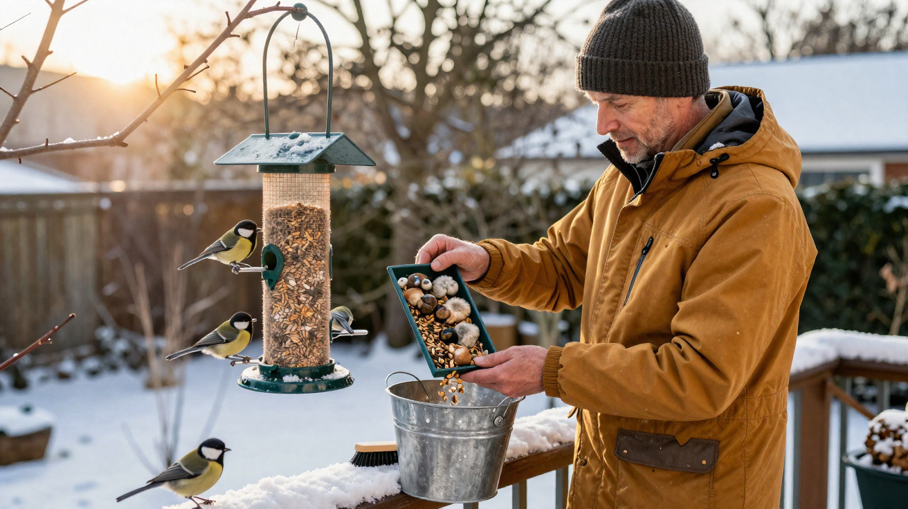 Homem alimenta pássaros com sementes em comedouro de jardim coberto de neve no inverno.