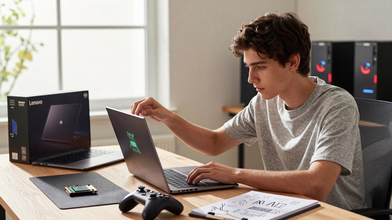 Jovem mexendo em notebook em mesa com controle de videogame, placa de circuito e bloco de anotações.