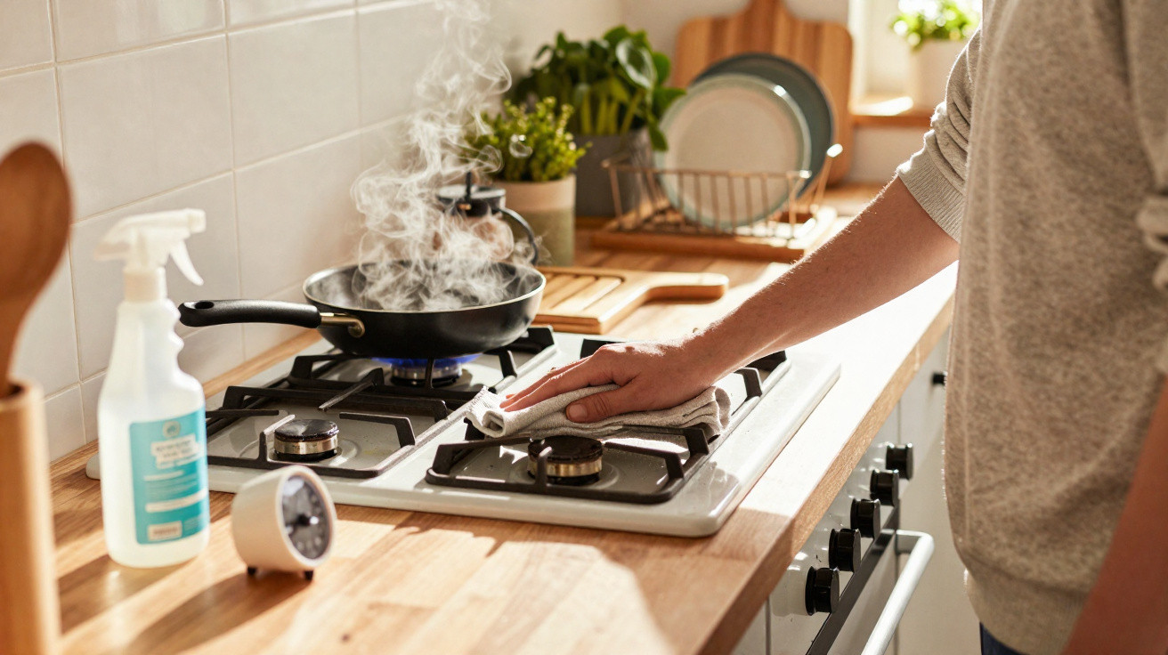 Pessoa limpando fogão à gás com pano enquanto panela solta vapor na cozinha iluminada.