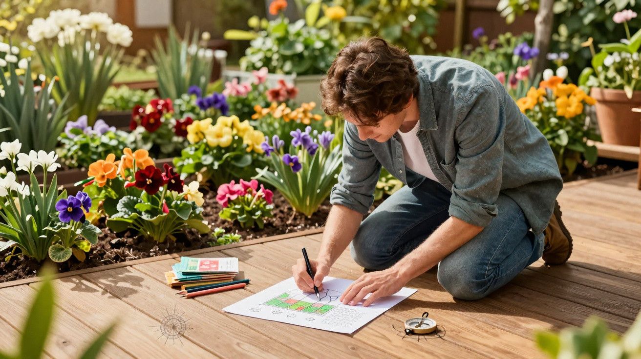 Homem ajoelhado desenhando planta de jardim ao lado de flores coloridas em deck de madeira.