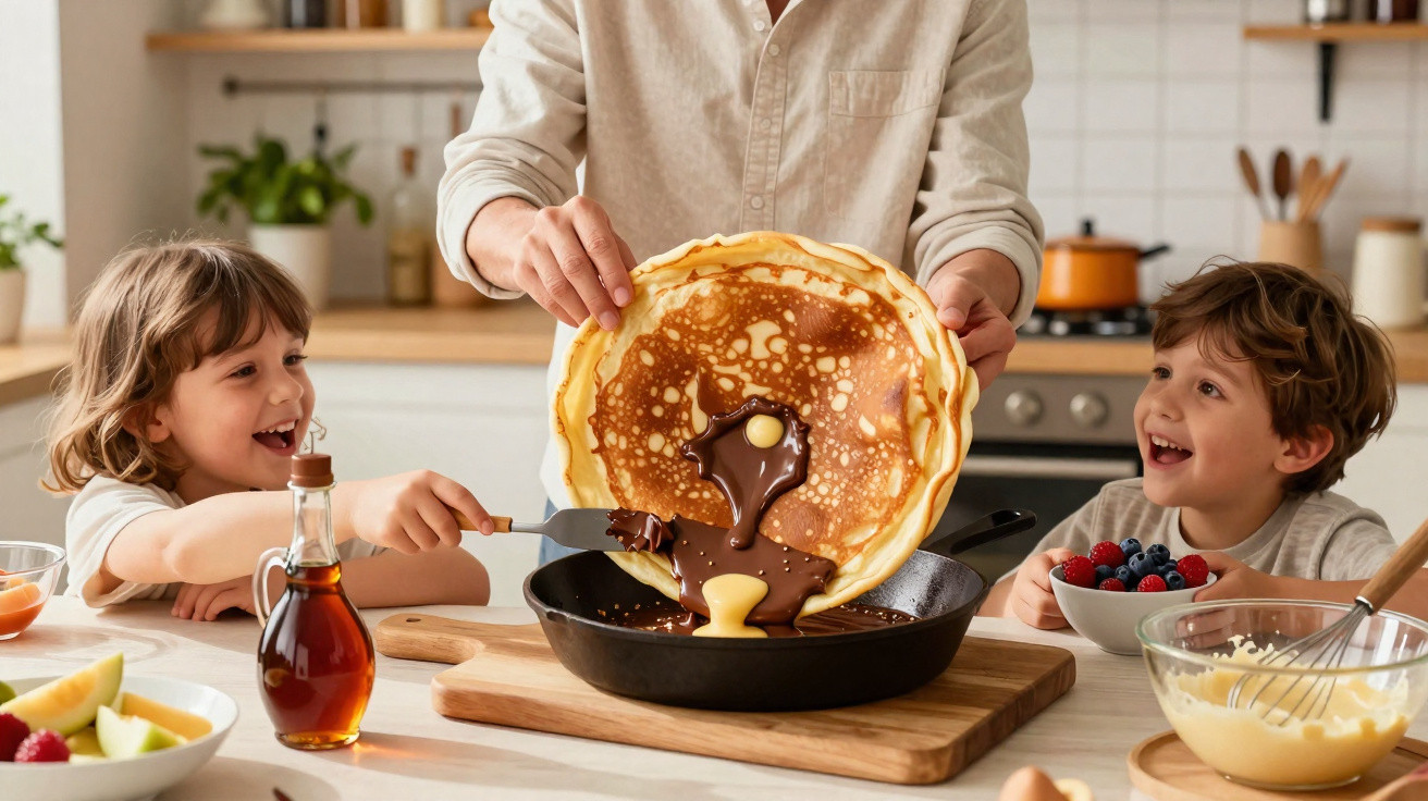 Crianças animadas observam adulto preparando panqueca com chocolate e manteiga em cozinha iluminada.