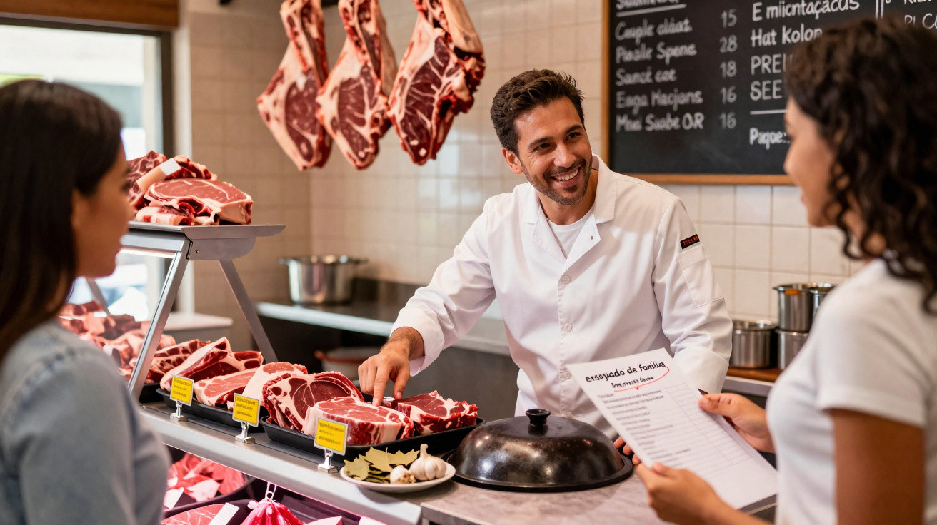 Açougueiro atendendo clientes, exibindo cortes de carne em balcão com peças penduradas ao fundo.