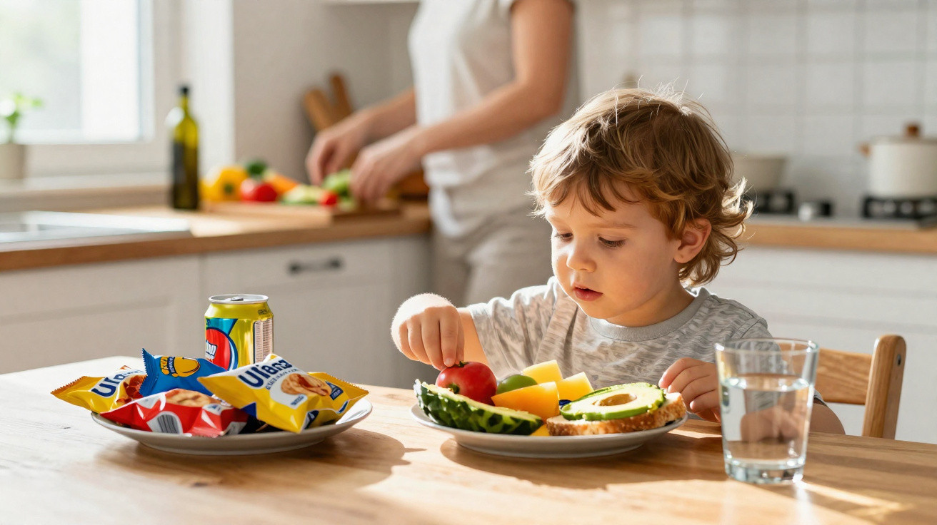 Criança comendo frutas e legumes na cozinha, com pratos de salgadinhos e bebida sobre a mesa.