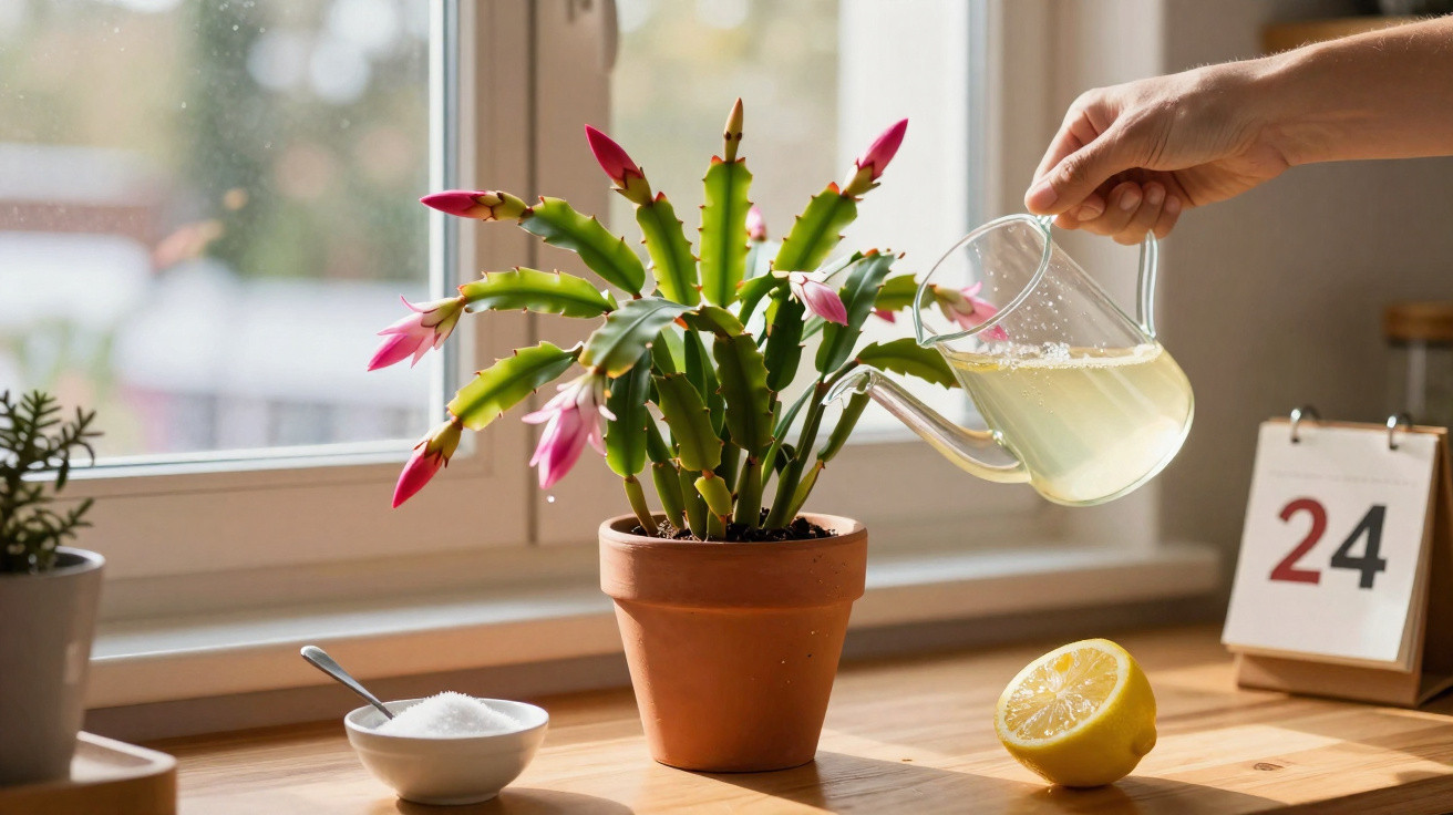 Mão regando cacto florescendo em vaso no peitoril da janela com limão e açúcar perto.
