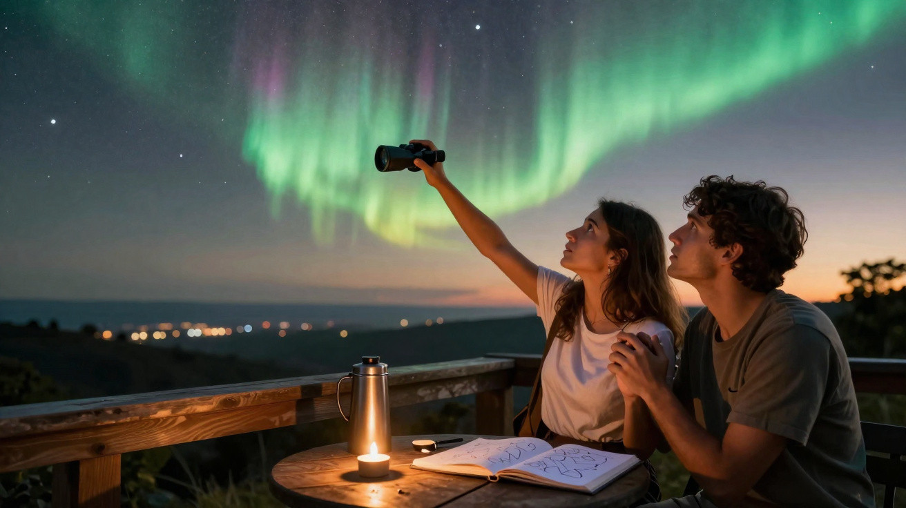 Casal observa aurora boreal à noite enquanto estuda mapas em mesa iluminada por vela em varanda.