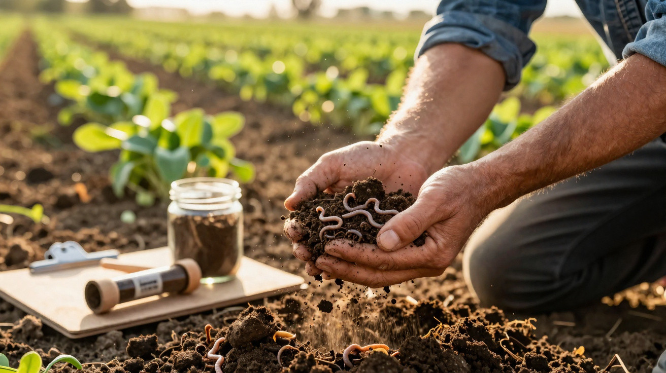 Mãos segurando terra com minhocas em plantação, com jarra de solo e prancheta ao fundo.
