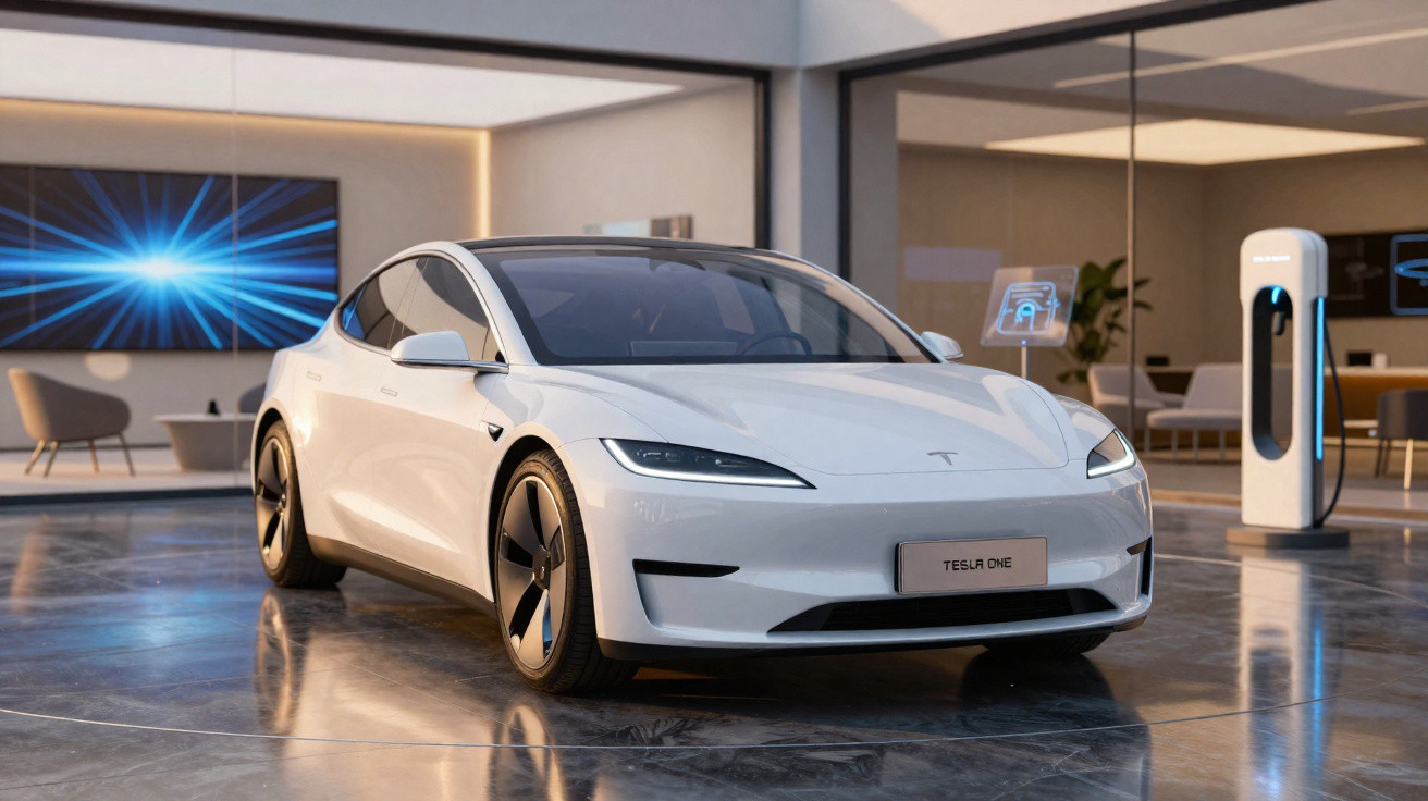 Carro elétrico branco Tesla One estacionado em ambiente moderno com estação de recarga ao lado.