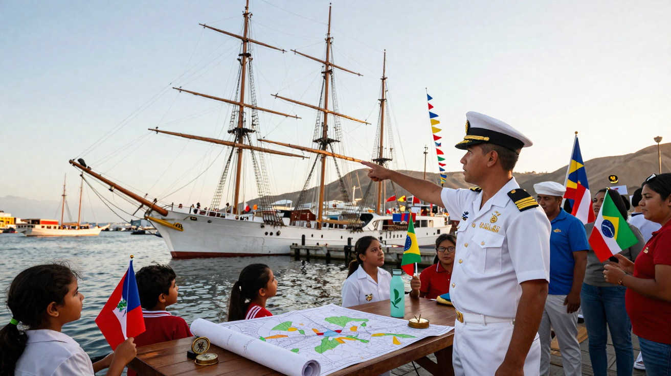 Oficial da marinha orienta grupo de crianças com mapas em um porto, com navios ao fundo e bandeiras variadas.