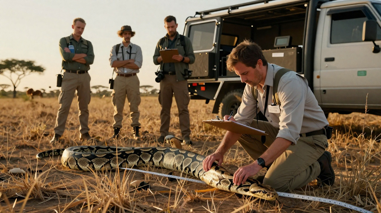 Equipe de pesquisadores mede e registra dados de uma cobra grande na savana seca ao lado de um veículo.