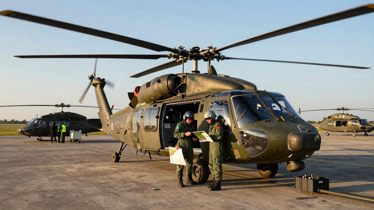 Helicópteros militares em pista com dois pilotos analisando mapas ao lado da aeronave principal.
