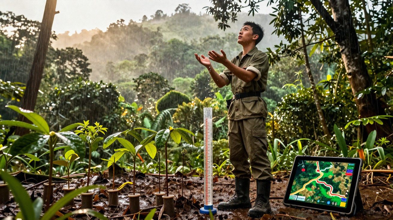 Jovem em uniforme observa chuva na floresta, com muda de plantas, medidor de chuva e tablet com mapa.
