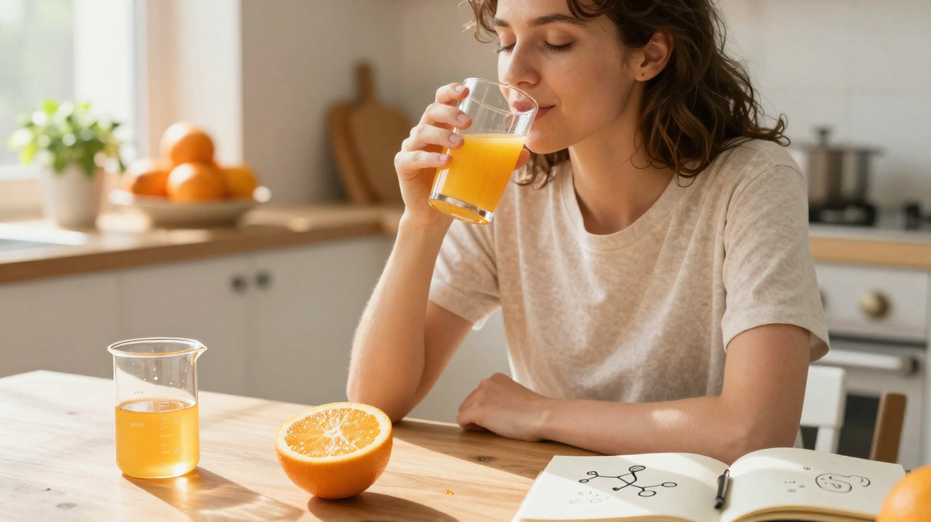 Mulher sentada à mesa bebendo suco de laranja, com laranja cortada e livro aberto à sua frente.