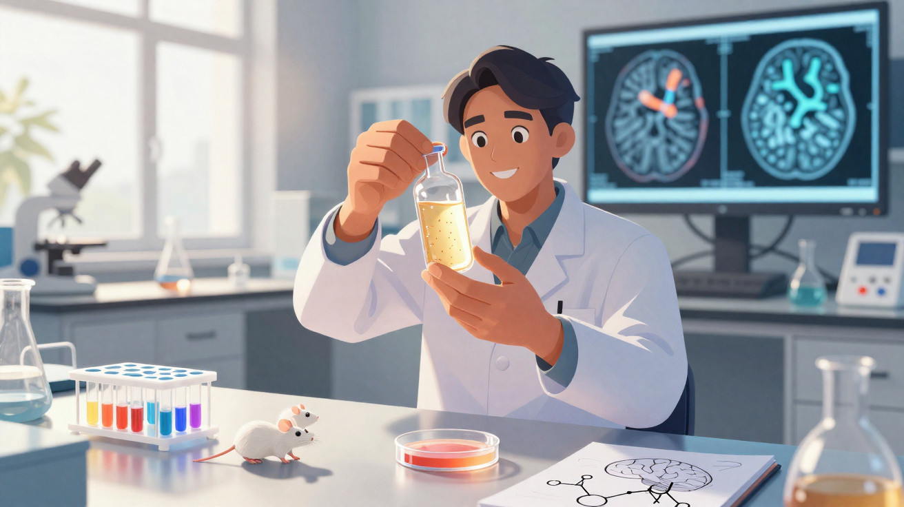 Cientista em laboratório analisando líquido em frasco com camundongos e imagens do cérebro ao fundo.