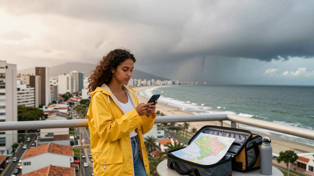 Mulher com capa amarela usa celular em sacada com vista para praia e tempestade ao fundo.